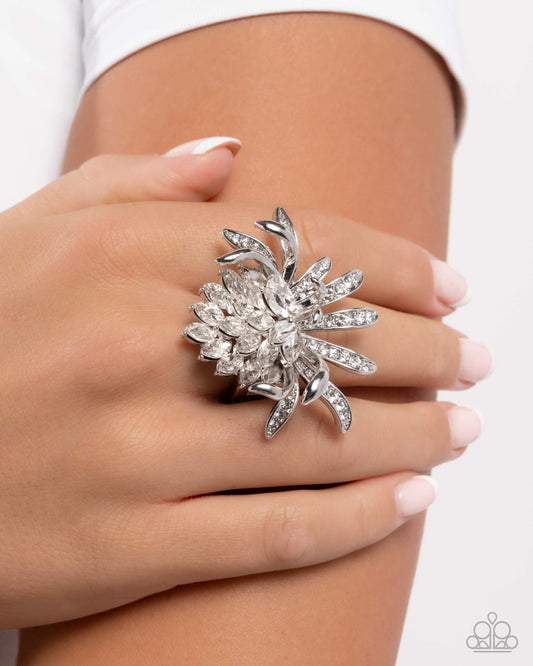 Lotus Legacy - White Gem Embellished Silver Lotus Flower Paparazzi Ring