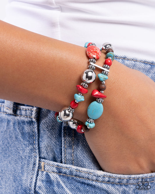Heroic Harmony - Red/Turquoise Stones, Silver Floral Beads Paparazzi Stretch Bracelet