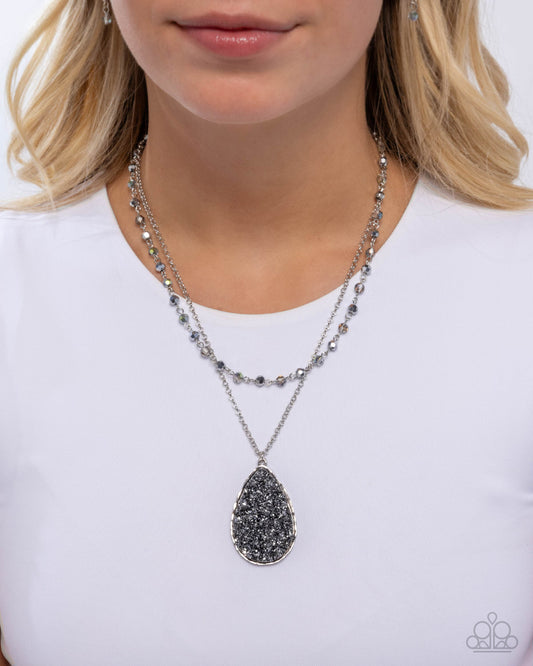 Druzy Delight - Silver Chain / Hematite Druzy-Like Accent Pendant Paparazzi Necklace & matching earrings