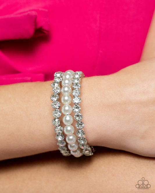 Grandiose Glitz - White Oversized Pearls/Crystalized- Like Gems Paparazzi Coil Bracelet