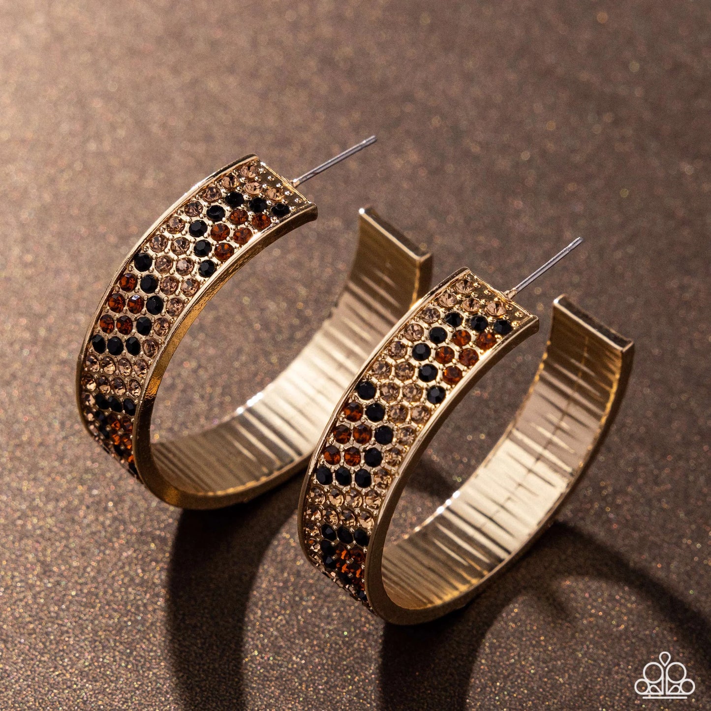 Cheetah Clique - Gold Thick Hoop/Black & Brown Rhinestones Paparazzi Hoop Earrings