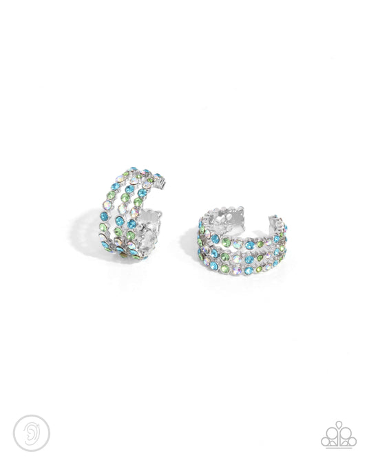 Iridescent Improv/Iridescent Influence - Multicolored Rhinestone Embellished Mini Hoops & Ear Cuff Paparazzi Earrings