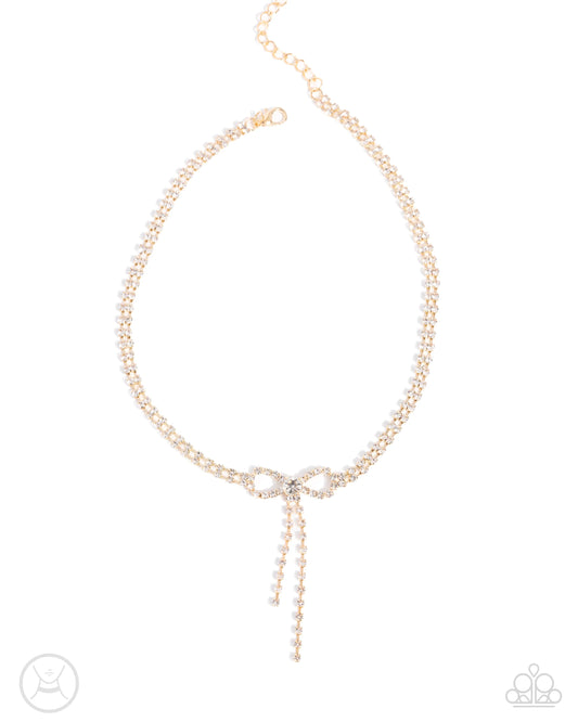 Dapper Complete Set - Gold Fittings/White Rhinestone Bow Paparazzi Necklace, matching earrings, & Bracelet