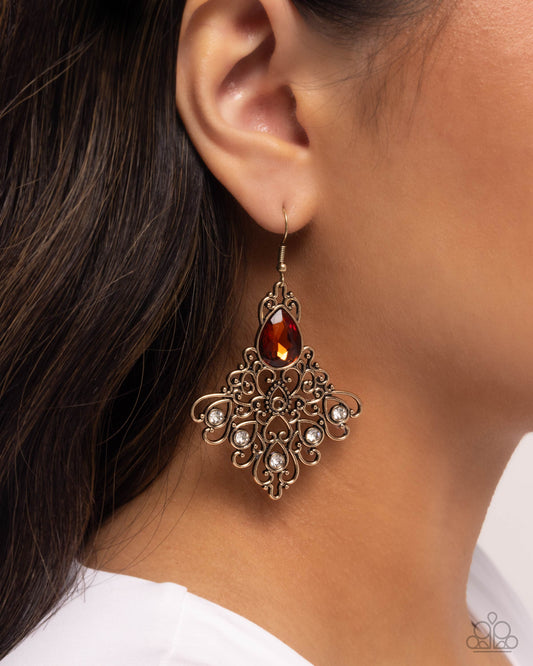 Lattice Legacy - Brown Rhinestone/Gold Lattice Diamond-Shaped Frame Paparazzi Earrings