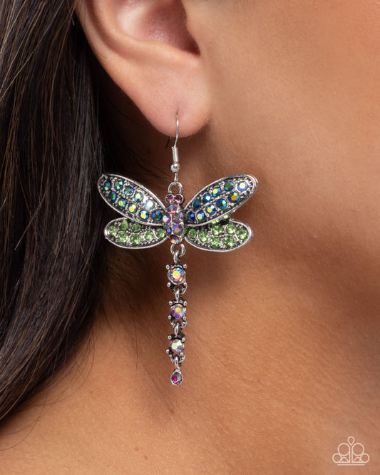 Hey, I Heard You Were A Wild One - Green & Blue Iridescent Rhinestone Encrusted Silver Dragonfly Paparazzi Earrings