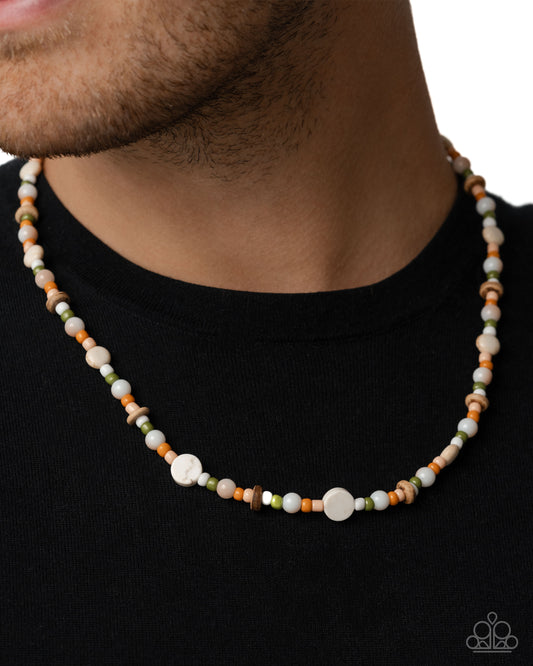 Urban Uniform - Brass, Olive, Brown, Orange, White Beaded Paparazzi Necklace