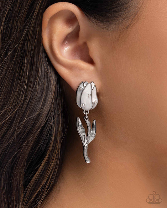 Timeless Tulip - White Pearl-Painted Silver Tulip Paparazzi Earrings