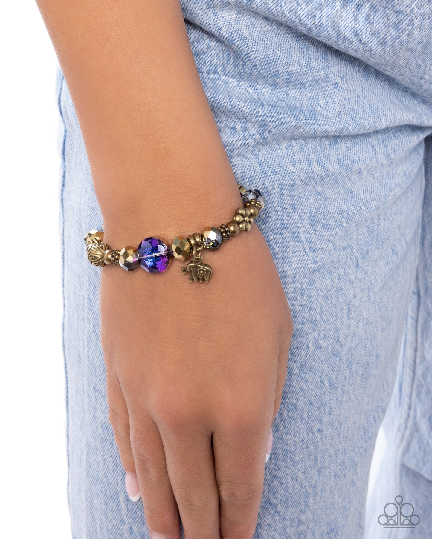 Zoology Degree - Purple UV & Brass Beads/Brass Elephant Charm Paparazzi Stretch Bracelet