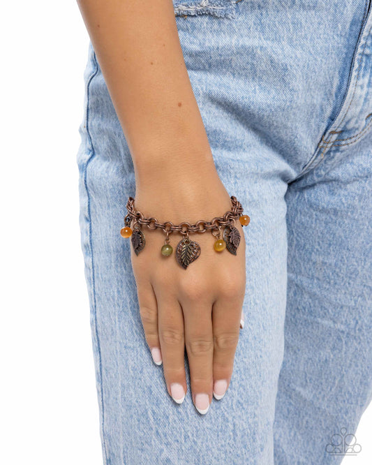 Autumn Equinox - Copper Leaf Charms/Cat's Eye Beads/Copper Chain Paparazzi Tennis Bracelet