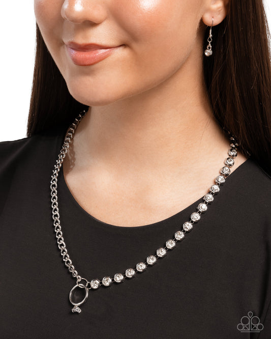 Blazing Beacon - White Rhinestone/Silver Curb Chain/Ring Pendant Paparazzi Necklace & matching earrings