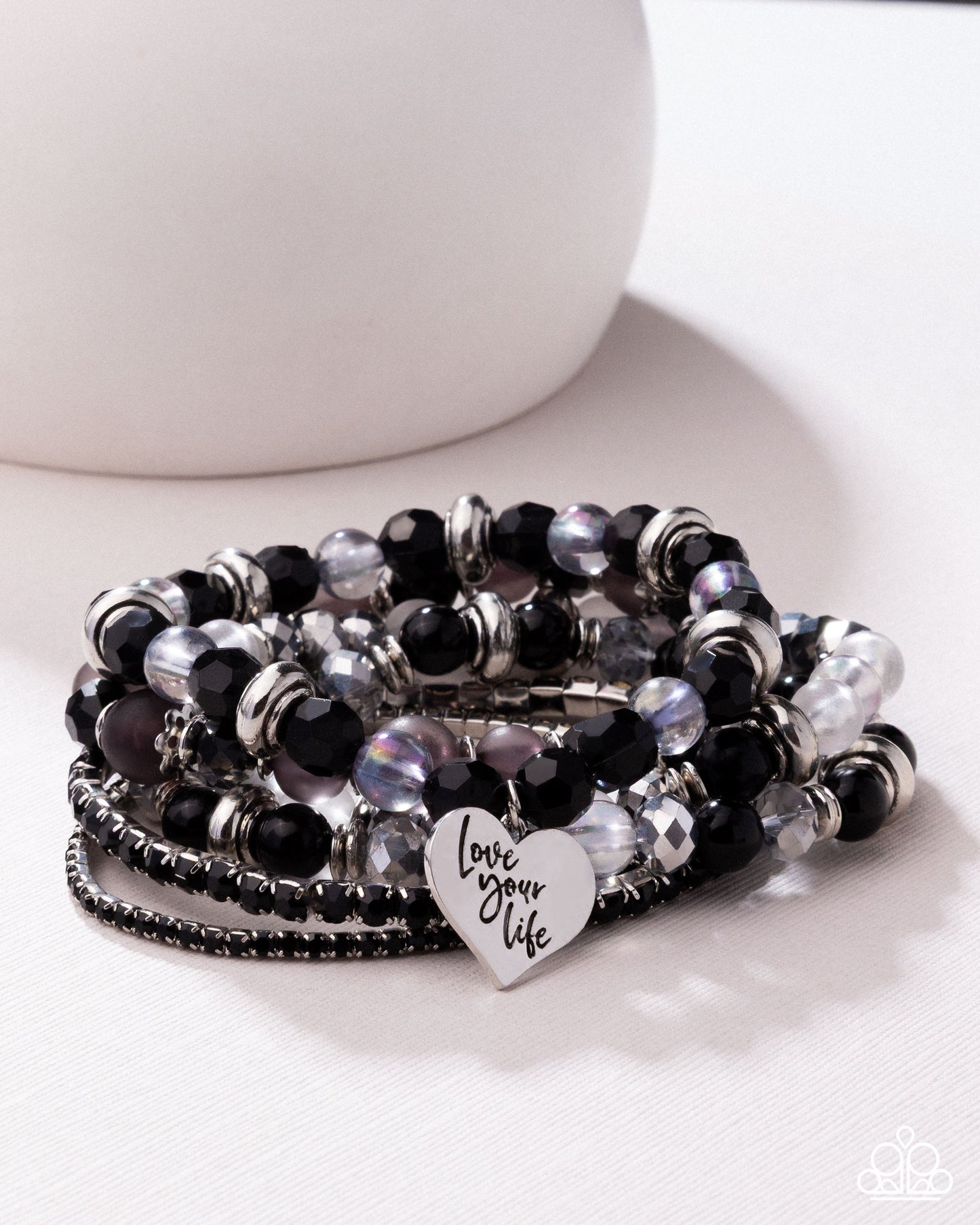 Optimistic Opulence - Black & White Beads/Black Rhinestones/"Love Your Life" Charm Paparazzi Set of 6 Stretch Bracelets