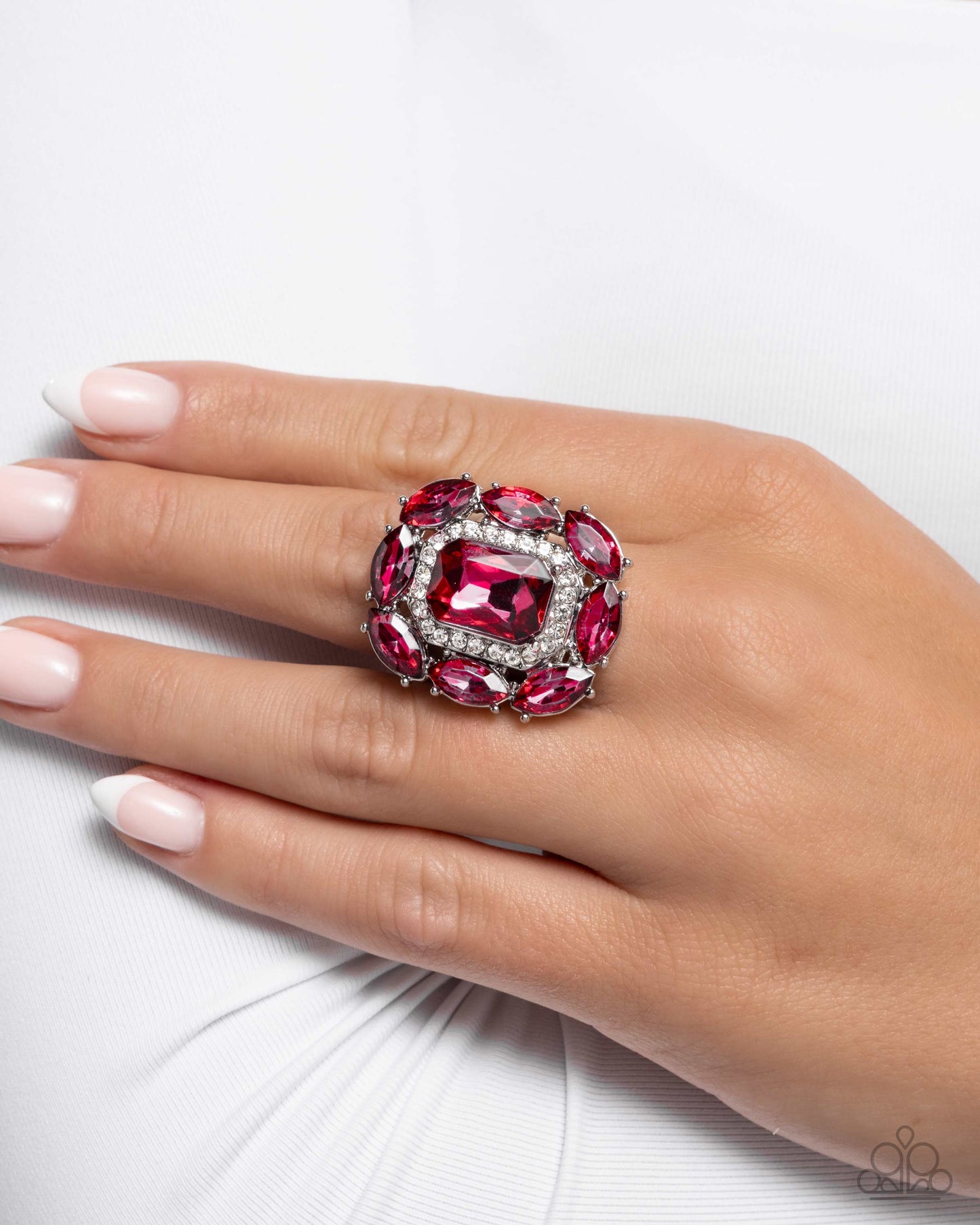Follow Suit - Pink Emerald-Cut Gems/White Rhinestones Paparazzi Ring
