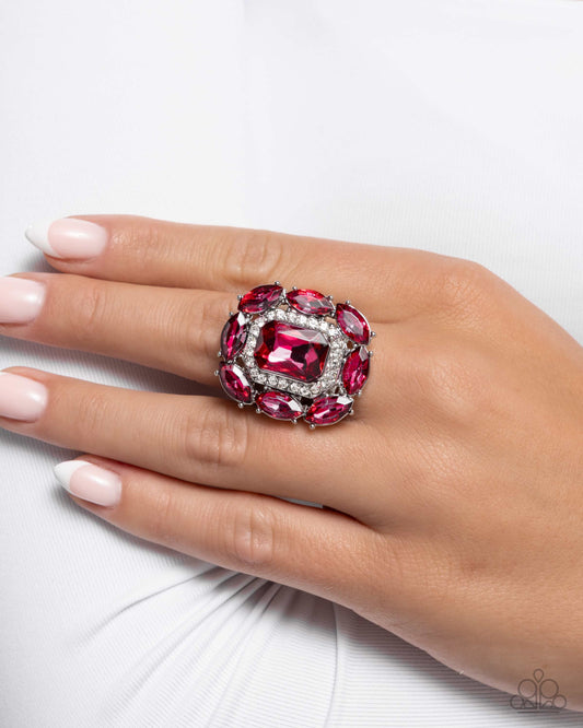 Follow Suit - Pink Emerald-Cut Gems/White Rhinestones Paparazzi Ring