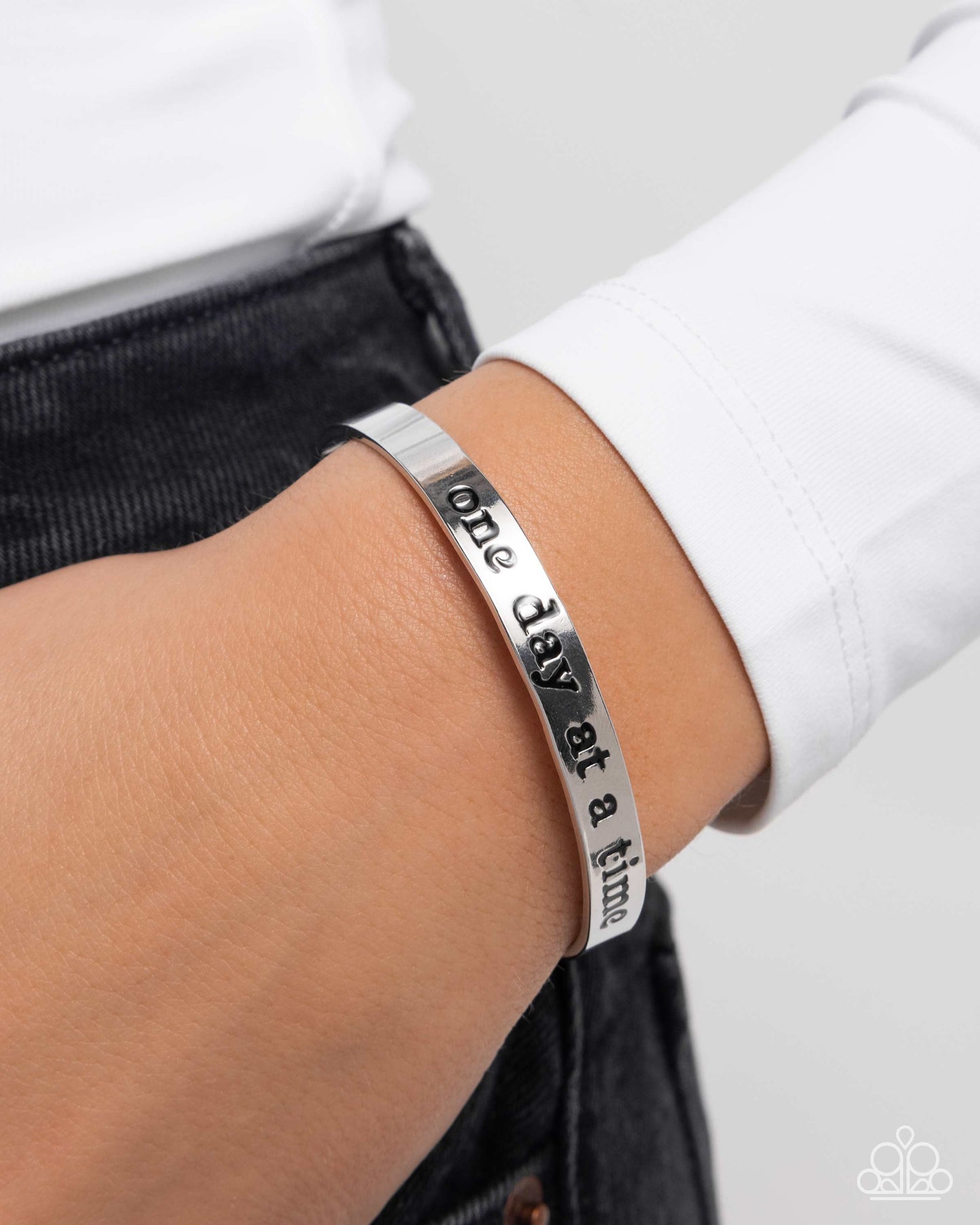 Day By Day Delight - Silver "One Day At A Time" Stamped Paparazzi Cuff Bracelet
