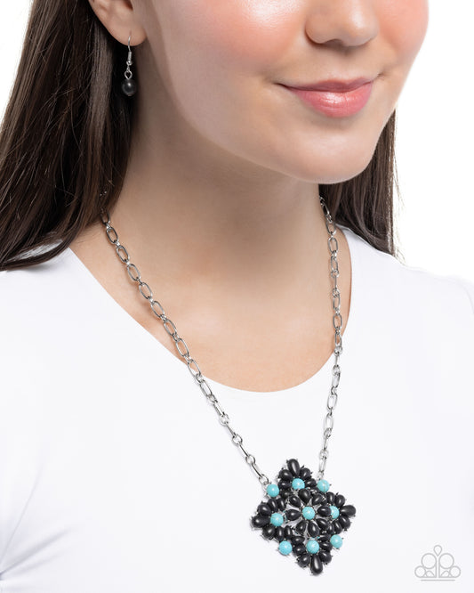 Stony Strength - Black Teardrop/Round Turquoise Stone Floral Pendant Paparazzi Necklace & matching earrings