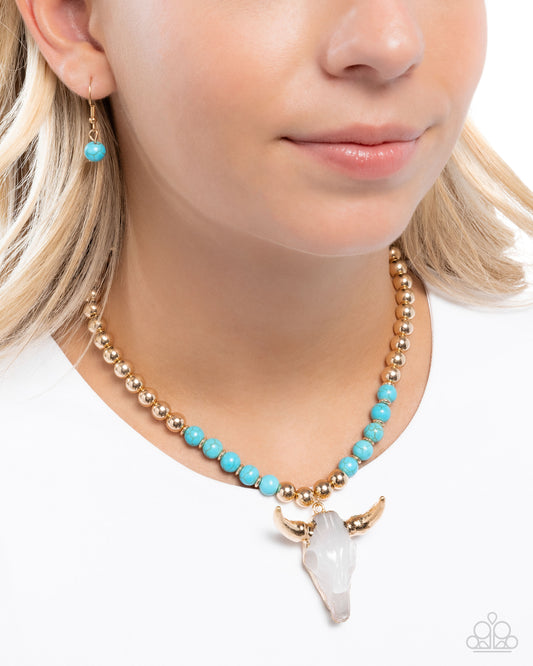 Timeless Texan - Blue Stone Beads/Gold Beads/Gold Detail Resin Cow Pendant Paparazzi Necklace & matching earrings