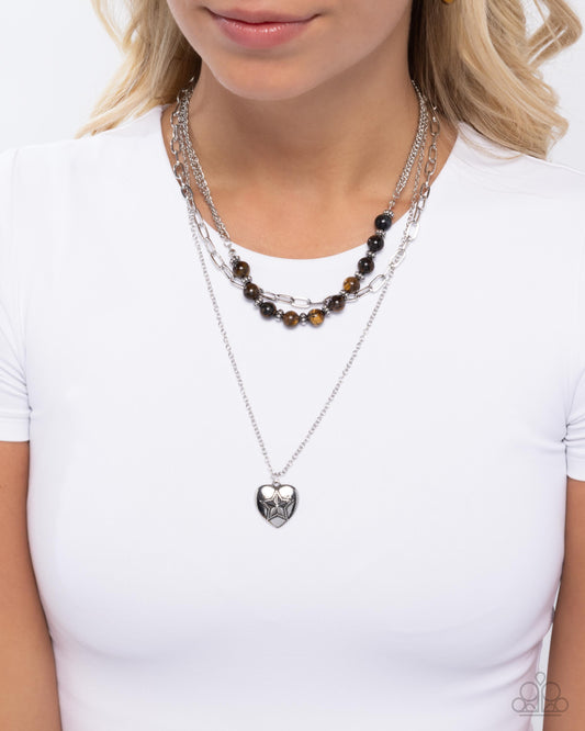 Home Stretch - Brown Tiger's Eye Beads/Silver Chains/Silver Heart Pendant Paparazzi Necklace & matching earrings