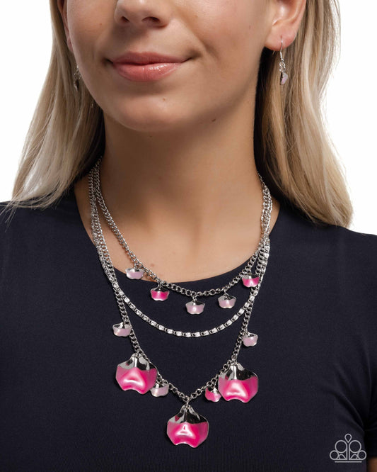 Forward Fashion - Pink Dipped Flower Petals/Silver Mismatched Chains Paparazzi Necklace & matching earrings