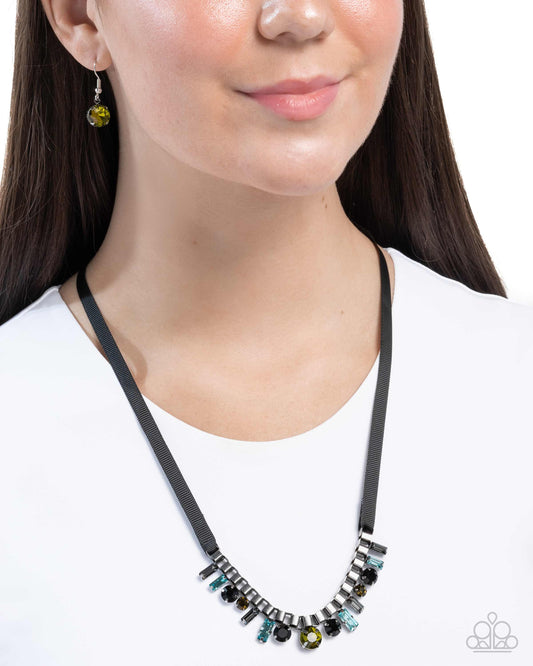 Ribbon Reveal - Green/Blue/Black Rhinestones, Black Ribbon Paparazzi Necklace