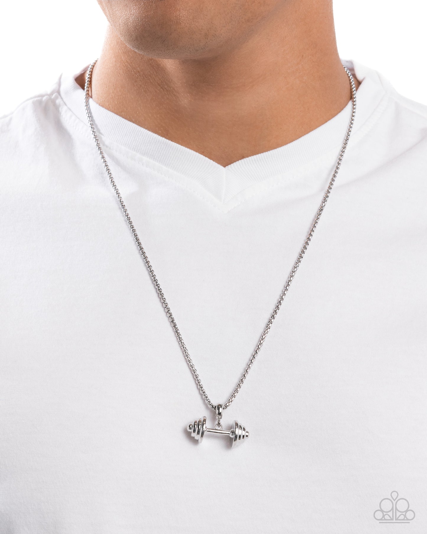 Deadlift Defiance - Silver Box Chain/Silver Dumbbell Pendant Paparazzi Necklace