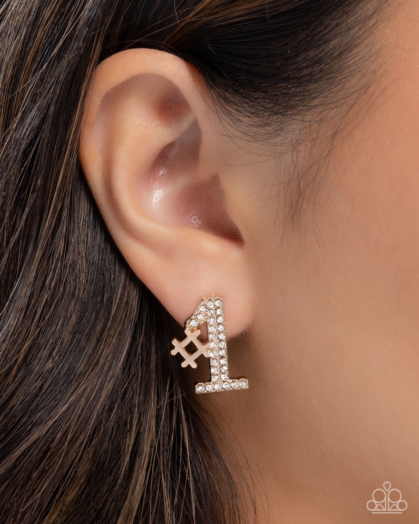 We're Number One, You're Number Two - Gold #1 Frames & White Rhinestones Paparazzi Post Earrings