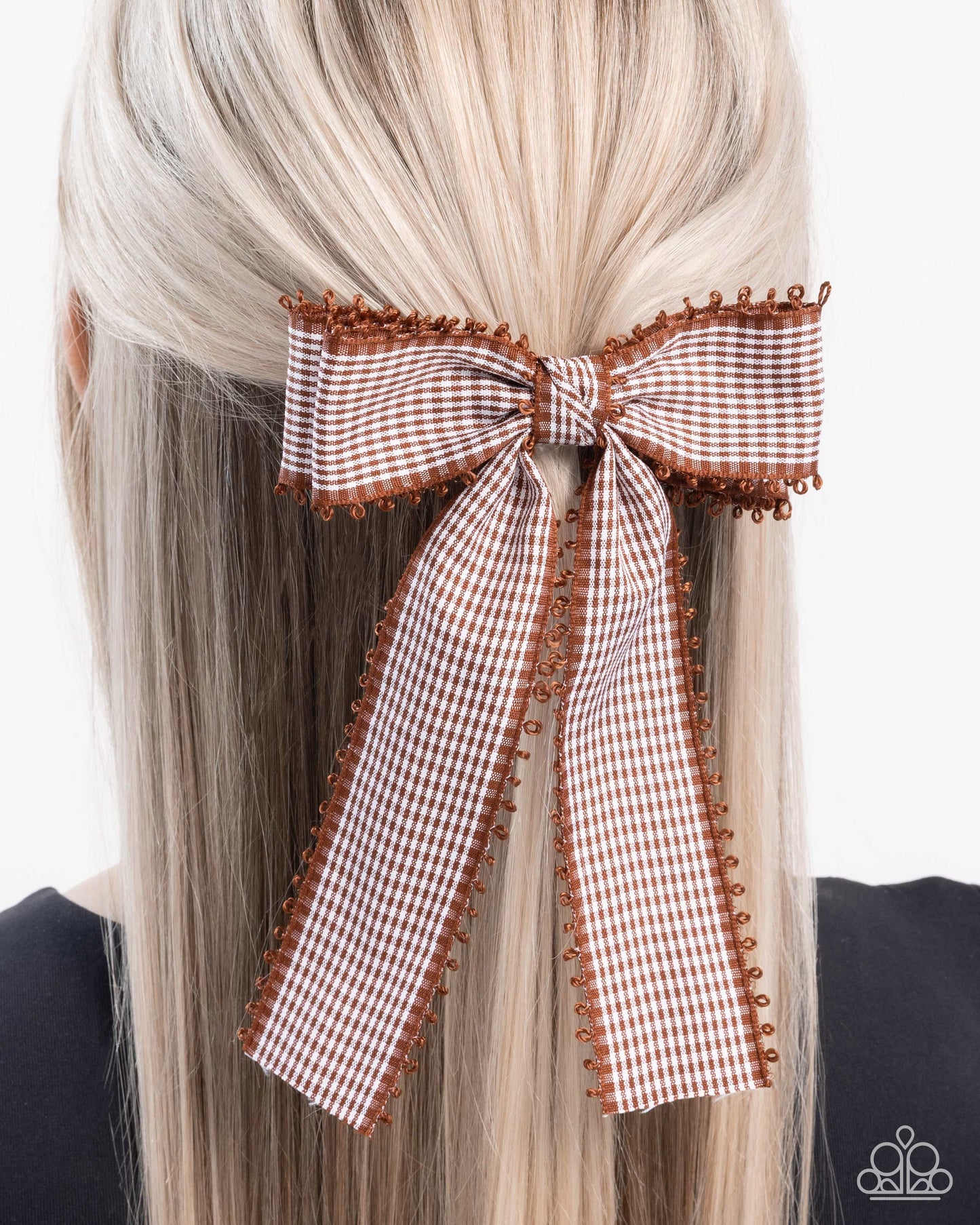 Checkered Chic - Brown & White Gingham Pattern Bow Paparazzi Hair Clip