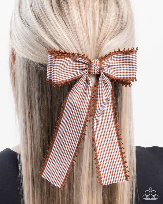 Checkered Chic - Brown & White Gingham Pattern Bow Paparazzi Hair Clip
