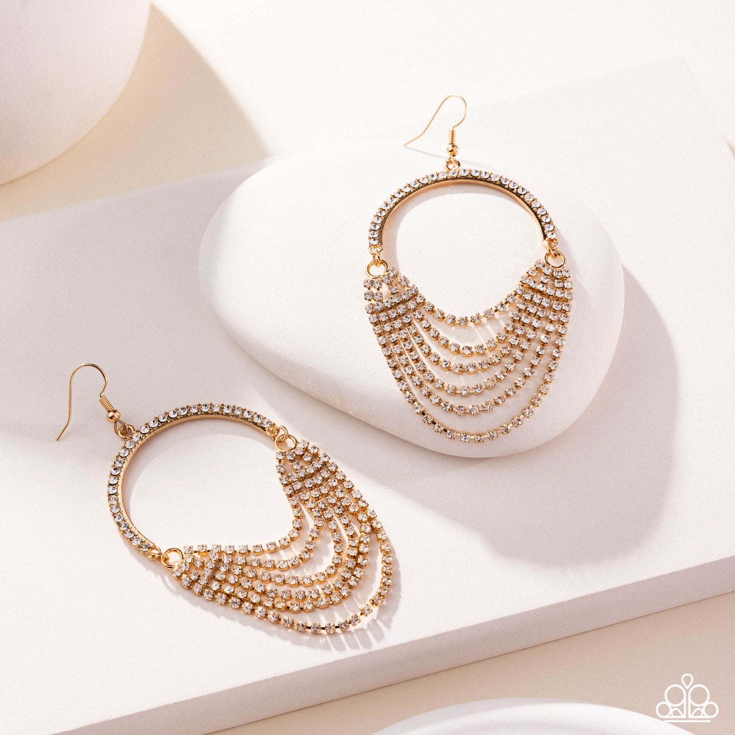 Ostentatious Opulence - Gold Arched Bar/White Rhinestone Layered Strands Paparazzi Earrings