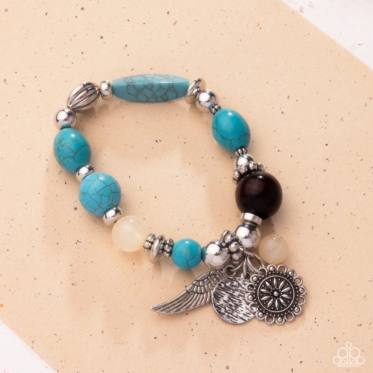 Earthy Eclecticism - Blue Stones, Silver Beads, Brown Wooden Beads, & Silver Charms Paparazzi Stretch Bracelet