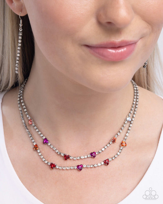 Courting Closeness - Red/Iridescent Gem Hearts, White Rhinestones Paparazzi Necklace & matching earrings