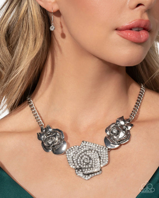 Bouquet Beacon - White Rhinestone Embellished 3-D Silver Roses Paparazzi Necklace & matching earrings