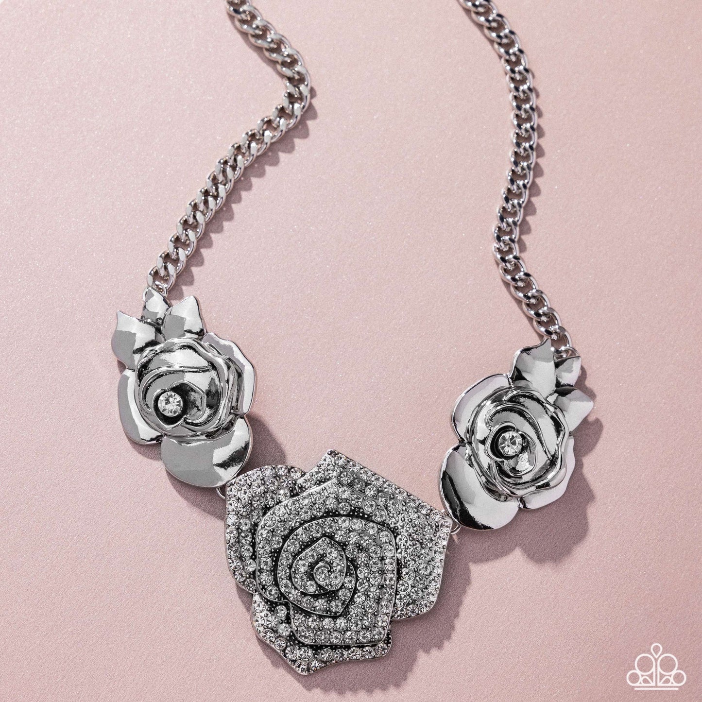 Bouquet Beacon - White Rhinestone Embellished 3-D Silver Roses Paparazzi Necklace & matching earrings