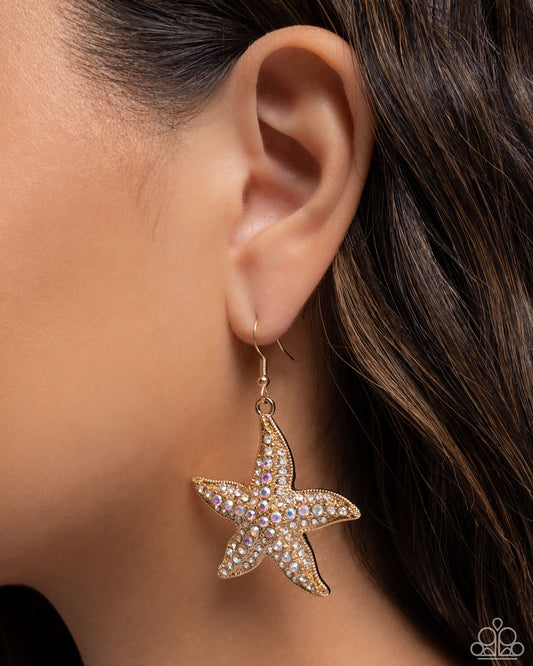 Starfish Spectacle - Gold/White & Iridescent Rhinestone Starfish Paparazzi Earrings