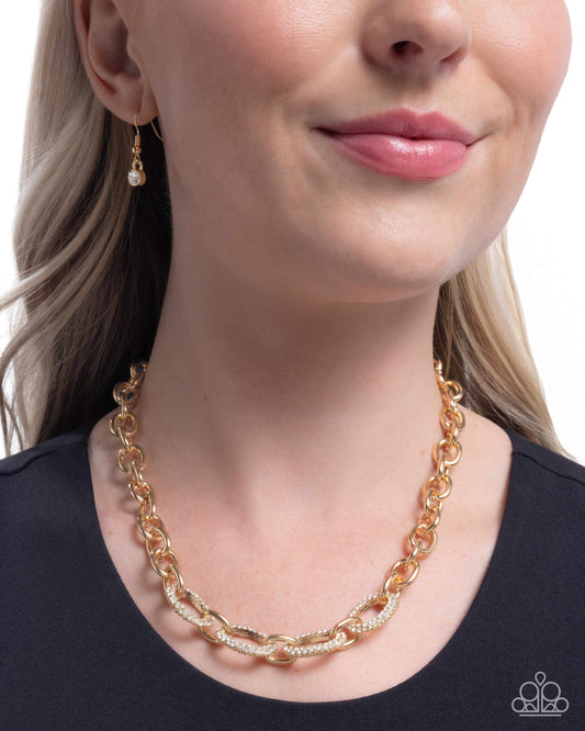 Boogie Bling - Gold Oversized Links/White Rhinestones Paparazzi Necklace & matching earrings
