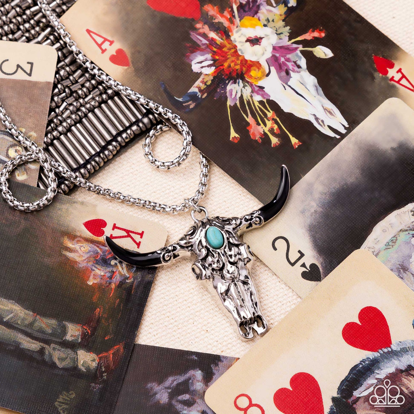 Longhorn Legacy - Black Painted Horns/Turquoise Stone/Silver Bull Skull Pendant Paparazzi Necklace & matching earrings