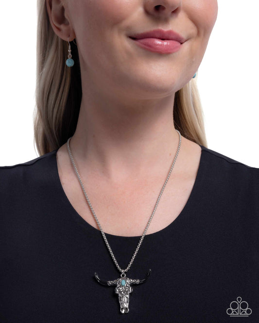 Longhorn Legacy - Black Painted Horns/Turquoise Stone/Silver Bull Skull Pendant Paparazzi Necklace & matching earrings