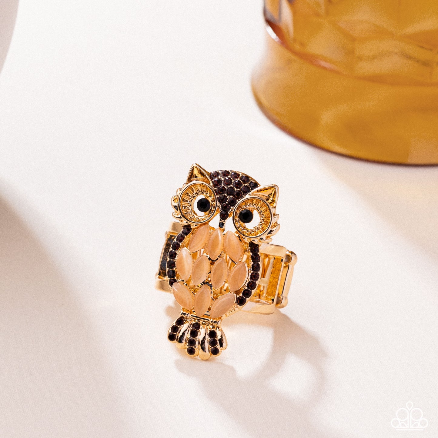 Owl Obsession - Brown Rhinestones/Golden Cat's Eye Stones/Gold Owl Paparazzi Ring