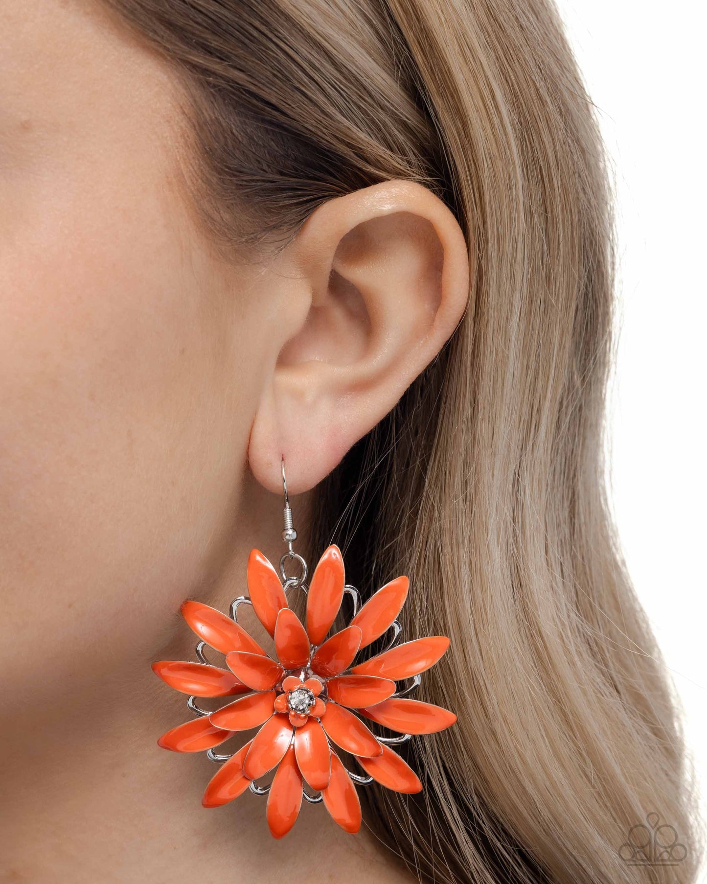 Floral Feeling - Orange Painted Flower Petals/Rhinestone Center Paparazzi Earrings