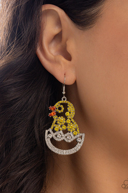 Chick Couture - Yellow Rhinestone Chick/White Rhinestone Eggshell Paparazzi Earrings