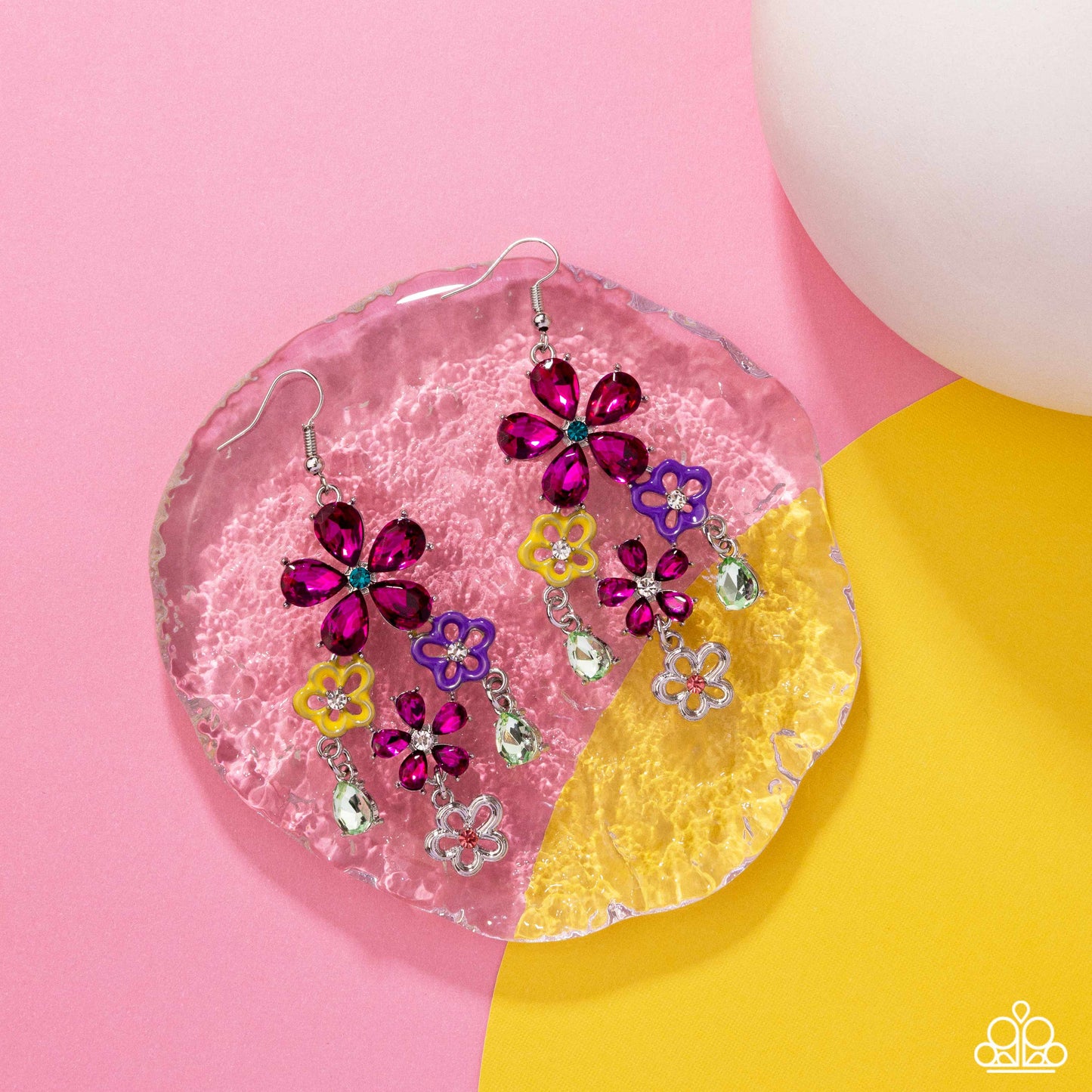 Floral Fountain - Pink Gems, Yellow & Purple Painted Flowers Paparazzi Earrings