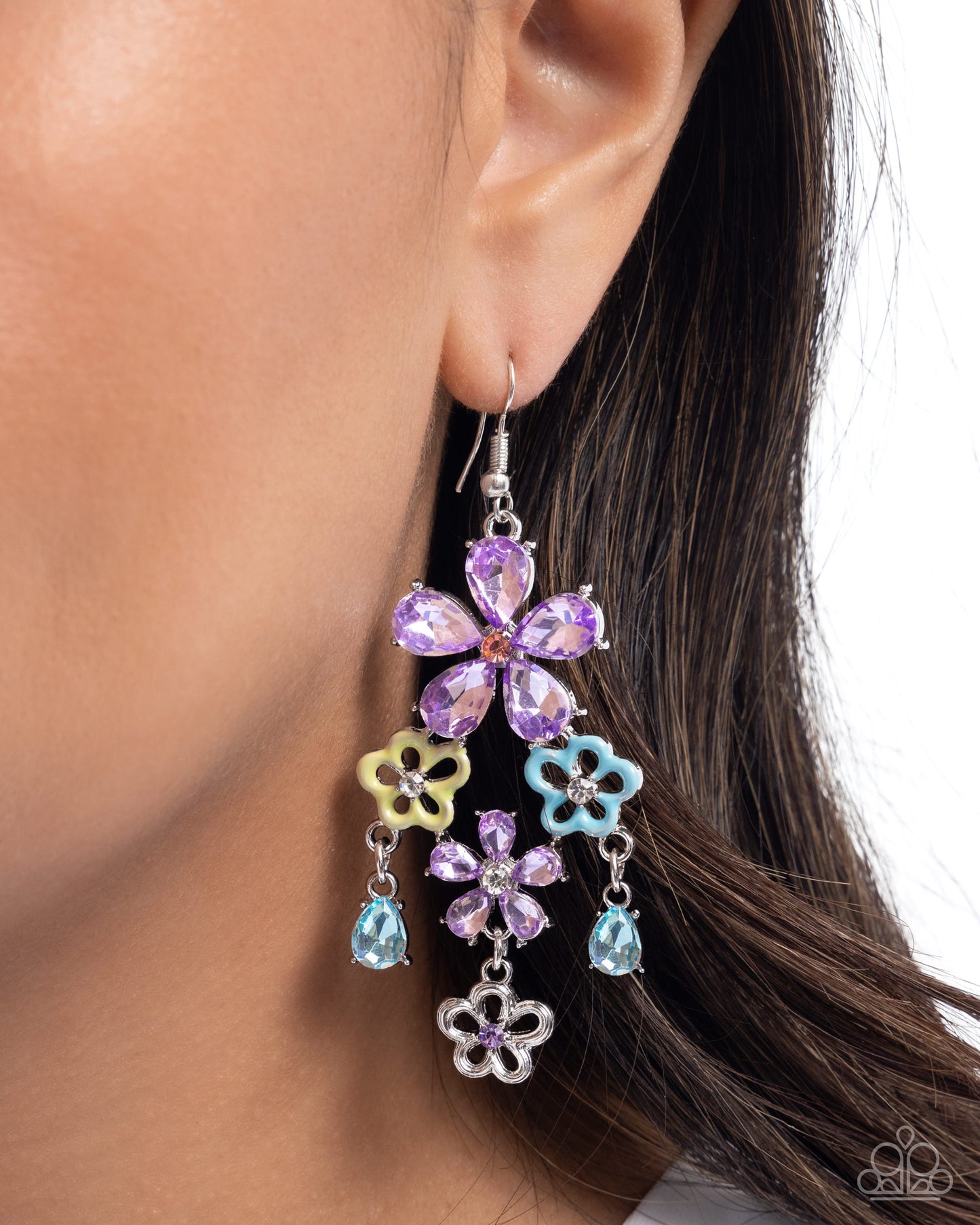 Floral Fountain - Purple Rhinestone Flowers, Green & Blue Painted Flowers Paparazzi Earrings