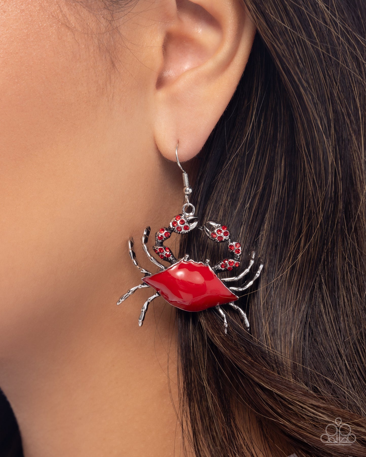Colorful Crab - Red Painted Silver Crab/Red Rhinestone Embellished Claws Paparazzi Earrings