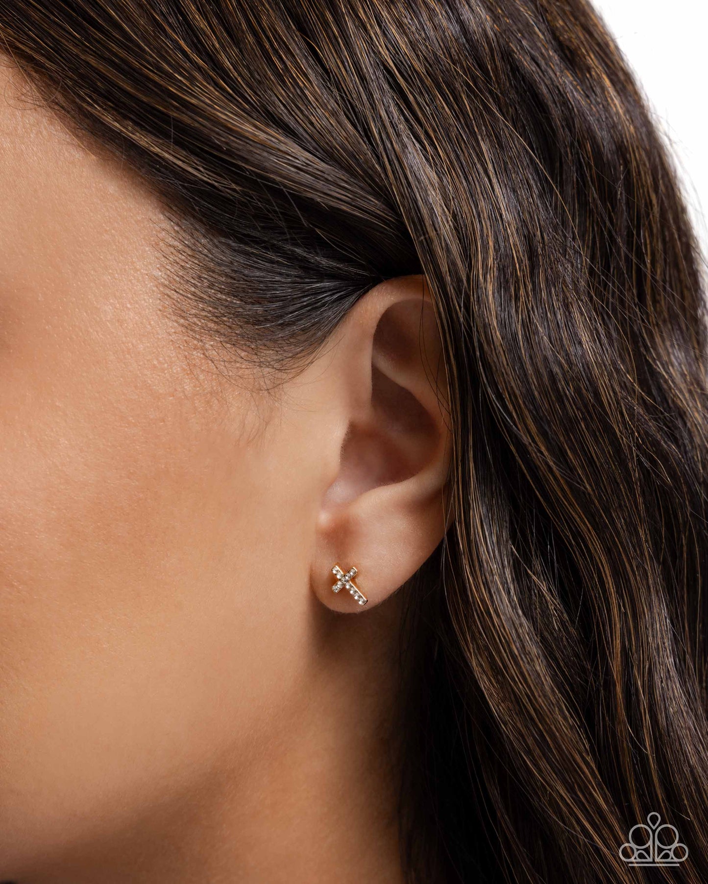 Sacred Shimmer - Gold & White Rhinestone Dainty Cross Paparazzi Post Earrings