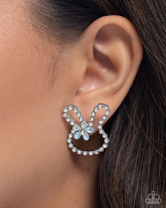 Bunny Backdrop - Blue Opalescent Gem Flower/White Rhinestone Bunny Silhouette Paparazzi Earrings