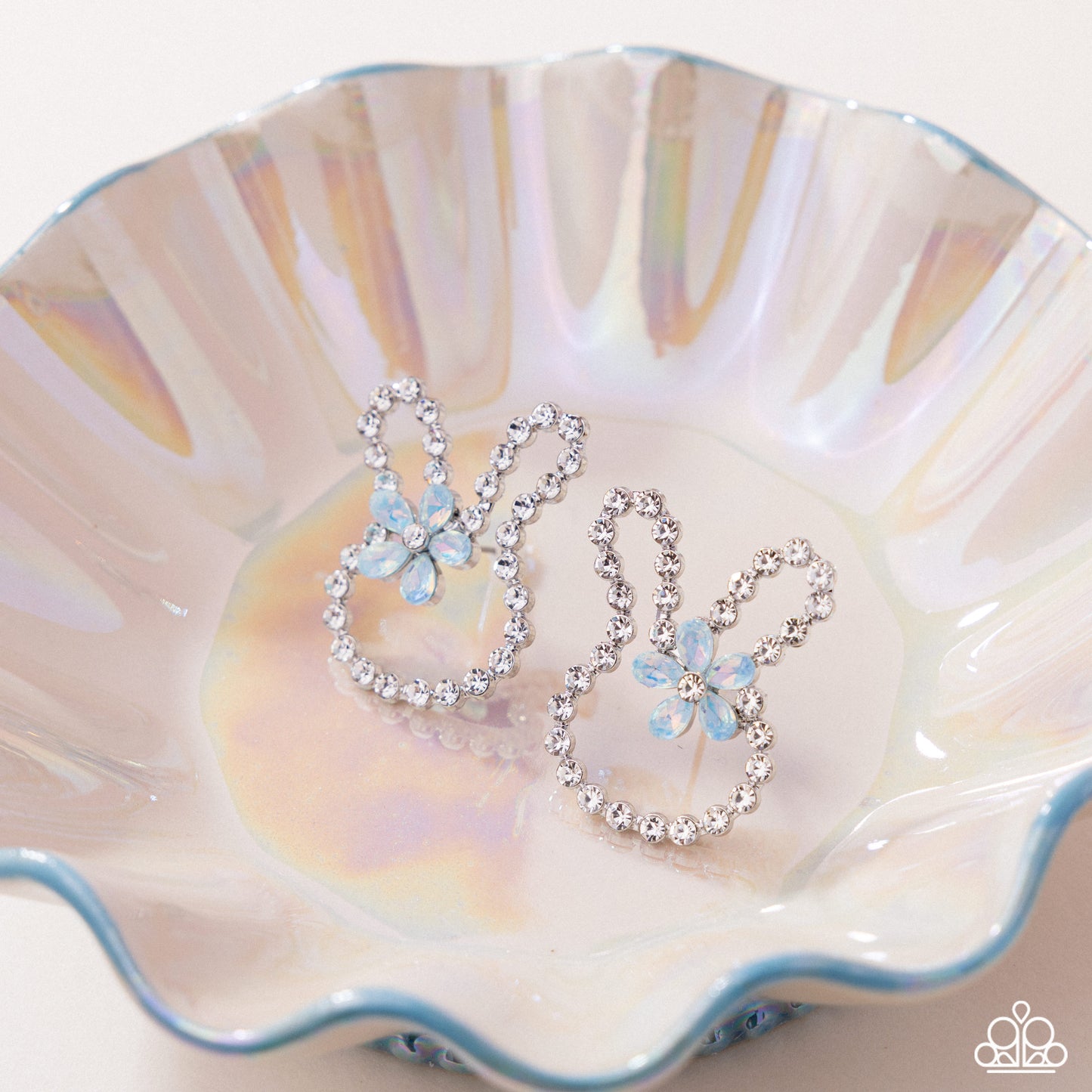 Bunny Backdrop - Blue Opalescent Gem Flower/White Rhinestone Bunny Silhouette Paparazzi Earrings