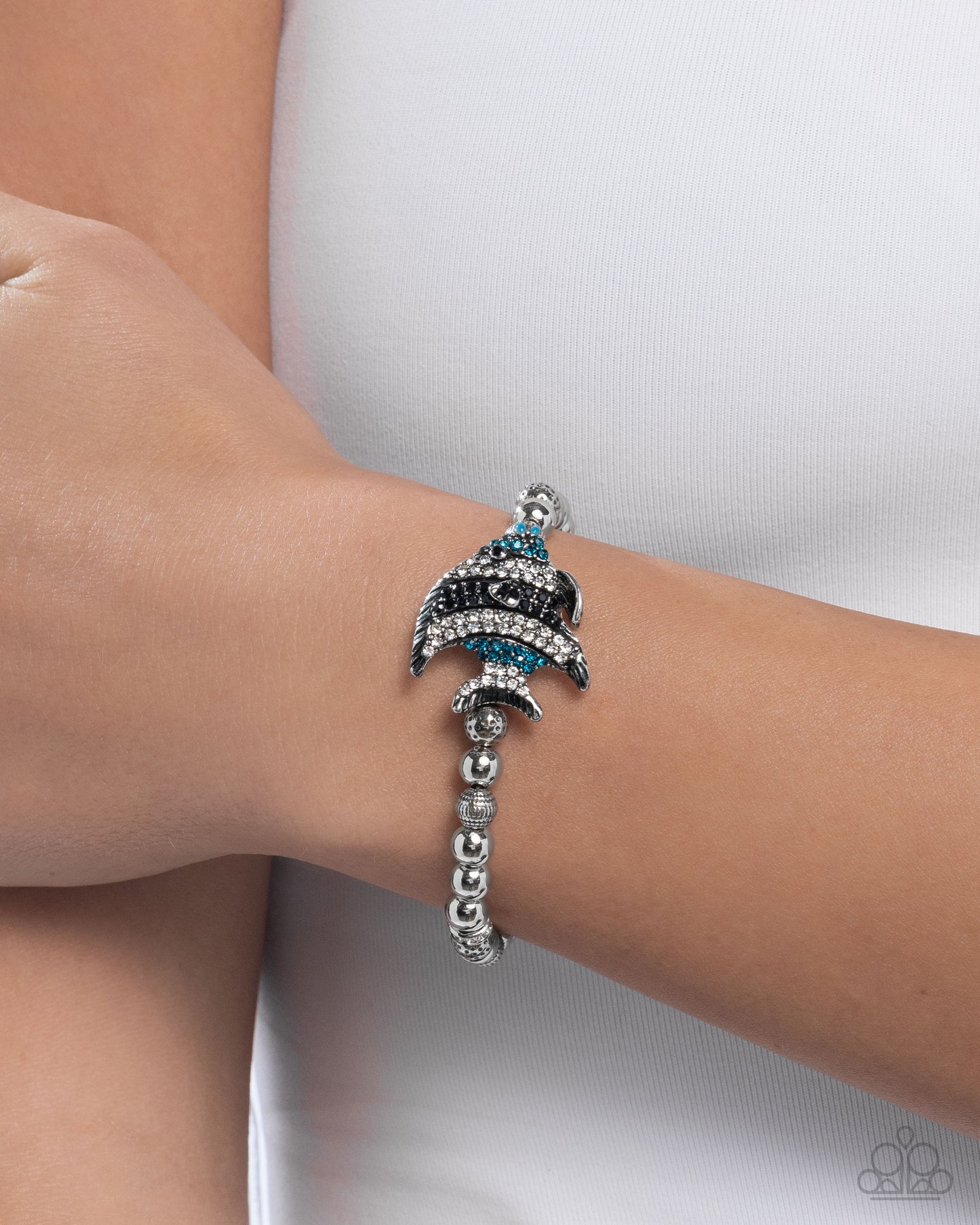 Admirable Angelfish - Blue, Black, & White Rhinestone Angelfish/Silver Beaded Paparazzi Stretch Bracelet