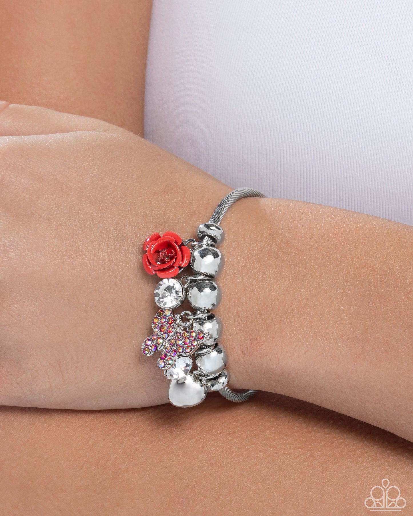 Windblown Whimsy - Red Rose Red Rhinestone Butterfly, Silver Heart Charm Paparazzi Bracelet