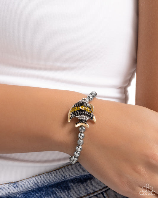 Admirable Angelfish - Yellow, Black, White Rhinestone Encrusted Fish/Silver Beads Paparazzi Stretch Bracelet