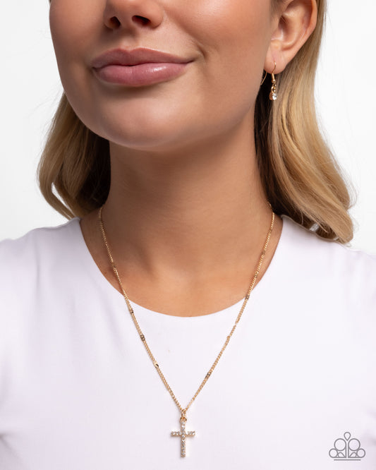 Endless Faith - Gold Cross/White Rhinestones Pendant Paparazzi Necklace & matching earrings