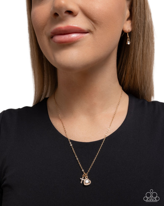 Blessed Brilliance - Gold/White Rhinestone Cross, White Heart Gem Paparazzi Necklace & matching earrings
